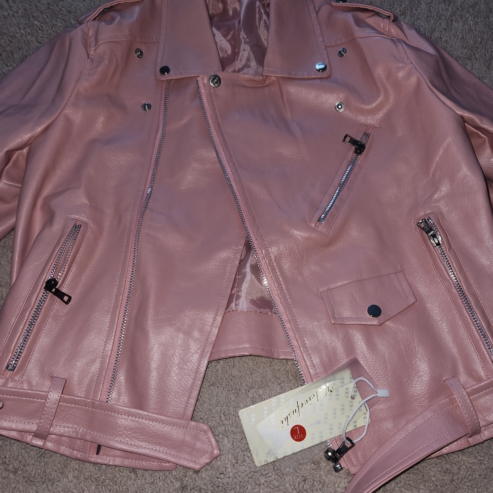 Pink faux leather moto jacket